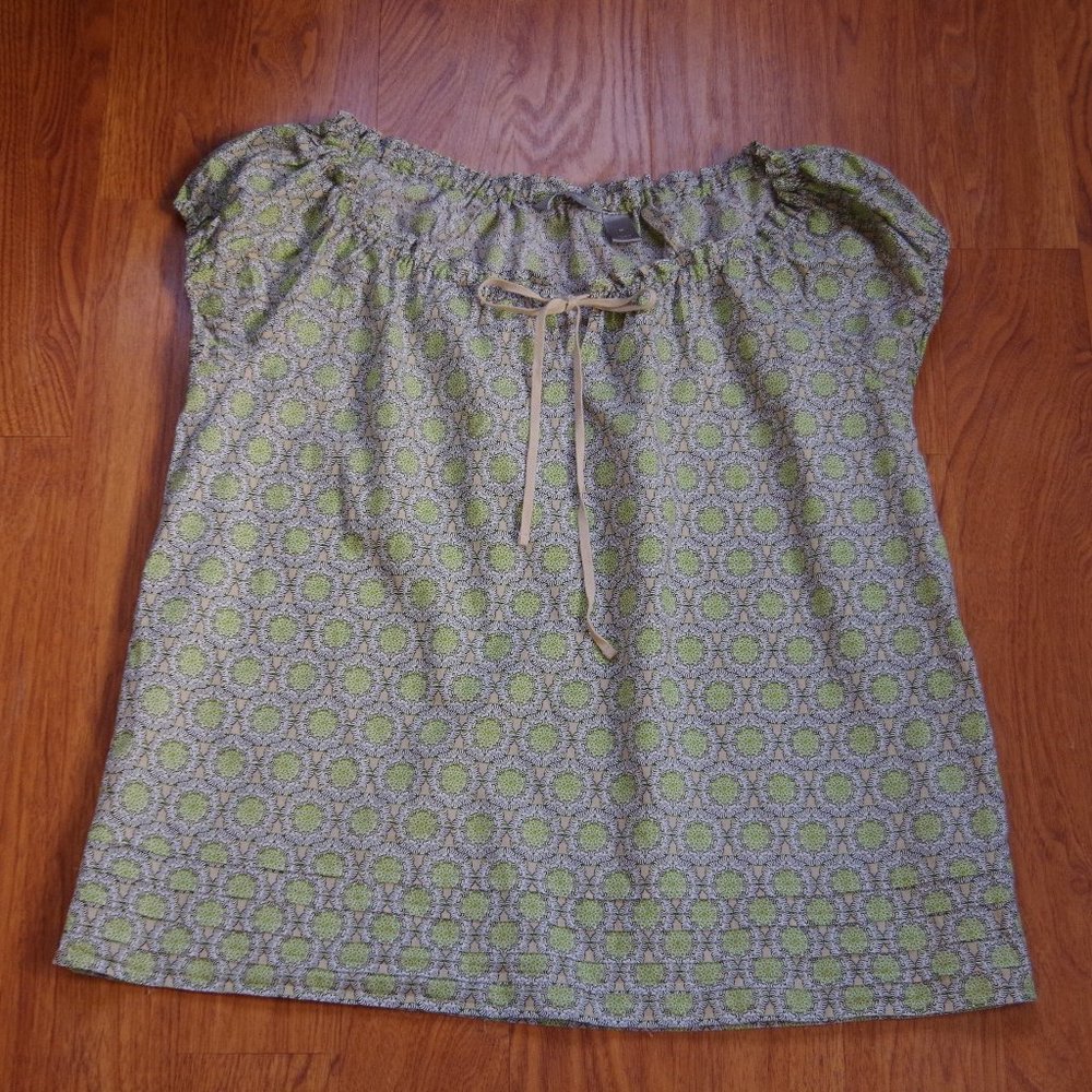 Green & Tan Geometric Floral 100% Cotton Liz Claiborne Peasant Blouse Women's M